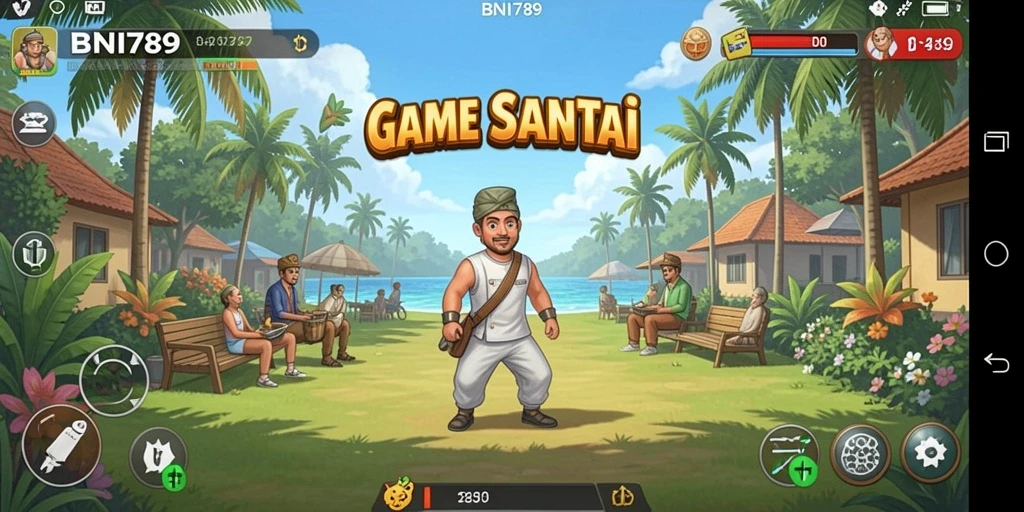 Screenshot gameplay BNI789 dengan tampilan yang ceria dan penuh warna.