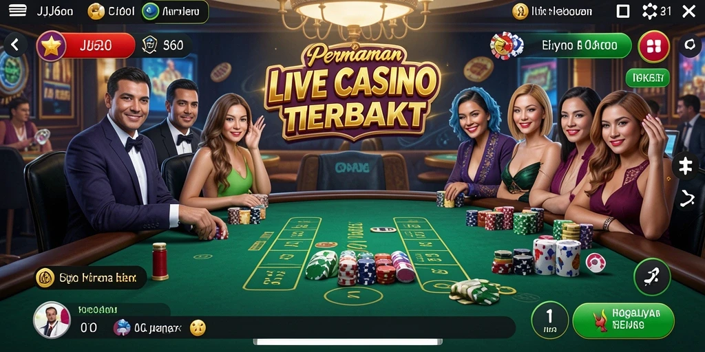Screenshot permainan Live Casino JJ62 dengan dealer profesional dan pemain lainnya.