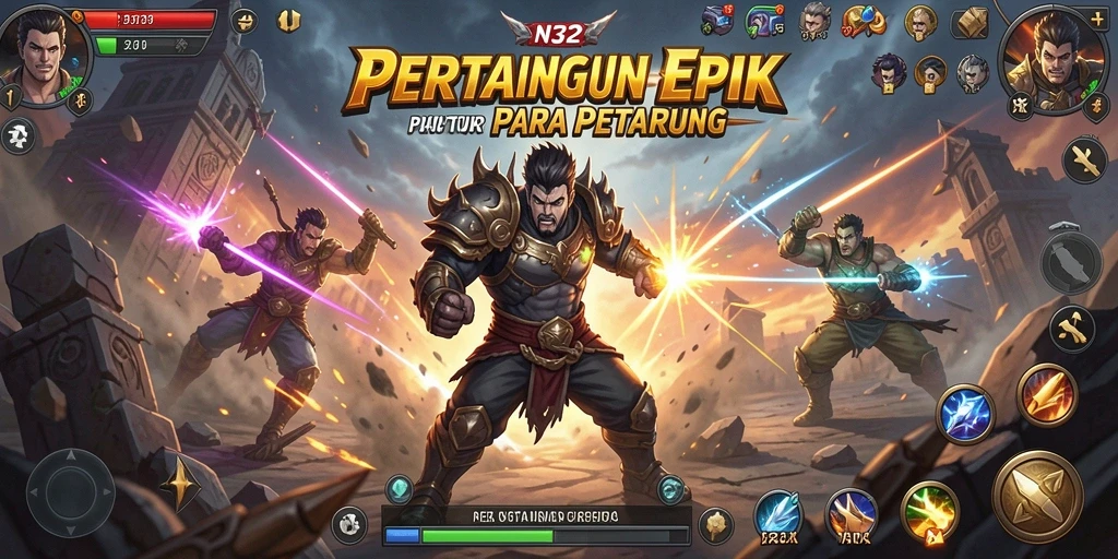 Screenshot menunjukkan pertarungan intens dengan efek visual yang menawan dan karakter unik.