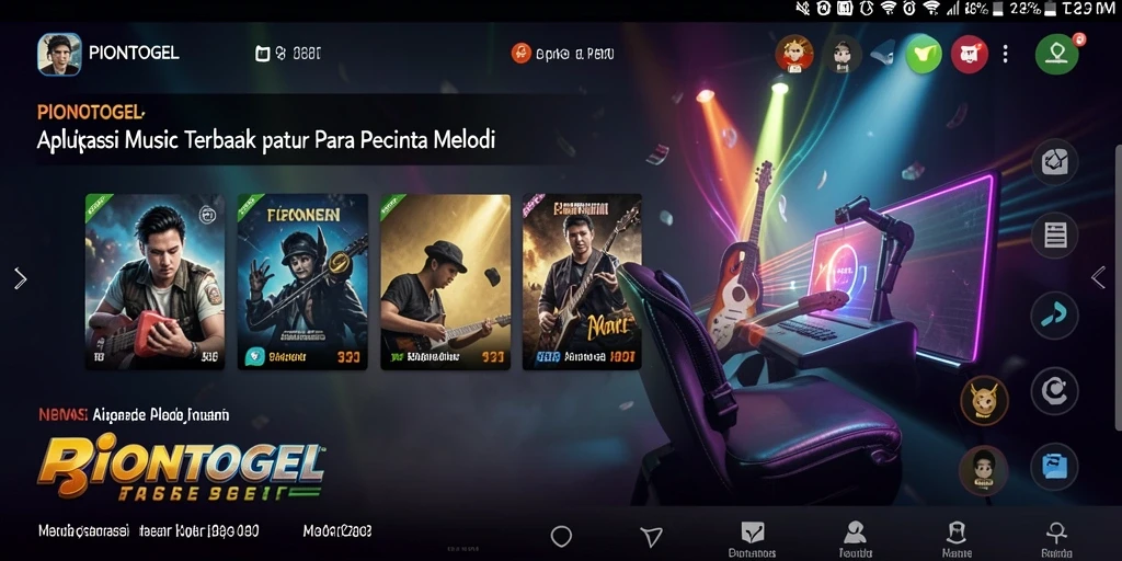 Tampilan utama PIONTOGEL dengan berbagai lagu dan fitur interaktif.