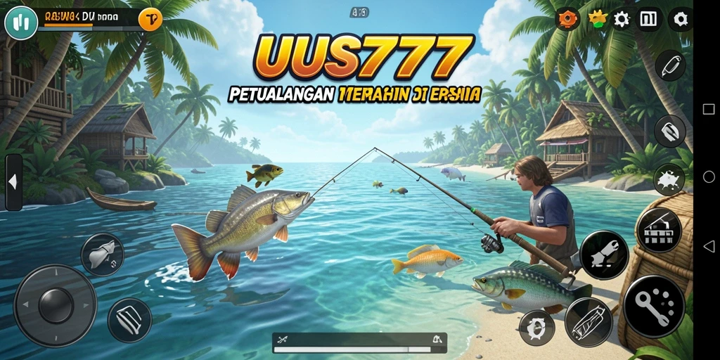 Screenshot utama UUS777 menampilkan pemain sedang memancing di tepi laut yang indah.